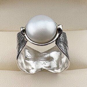 Silpada Israel Oxidized Sterling Leaf Design 10.25 mm REAL Pearl Ring Sz. 7